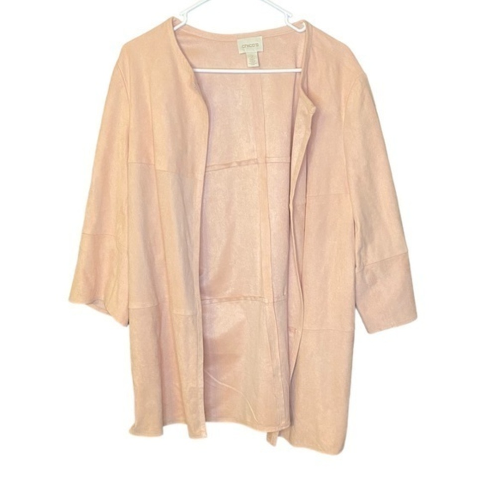 Chicos women’s open waterfall cardigan light dusty pink suede zip sides size 2